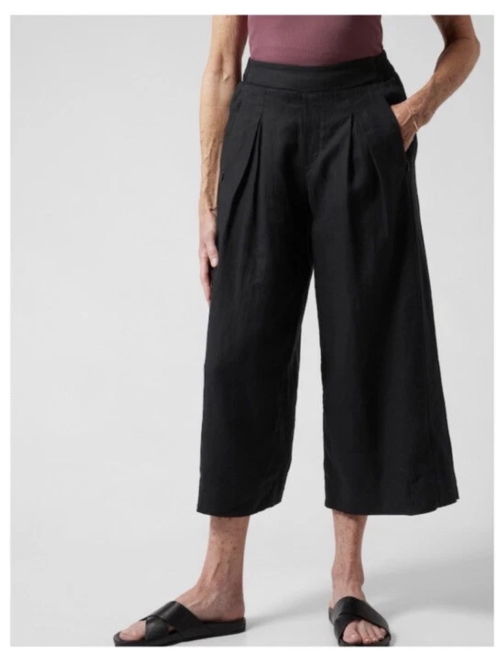 Athleta Playa Linen Wide Crop Pants 2 Petite Black Pleated Sustainable Casual